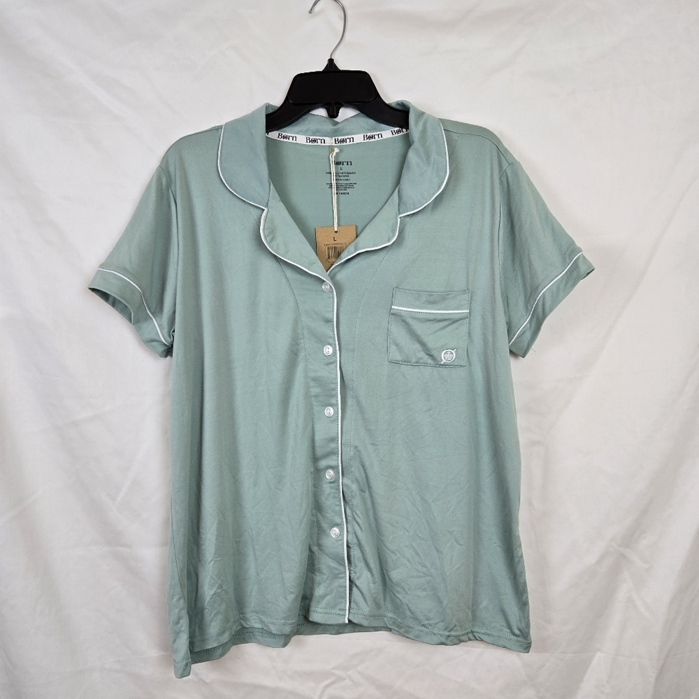 Born Women's Mint Green White Button‎ Collared Short Sleeve Pajama Top Large NEW
